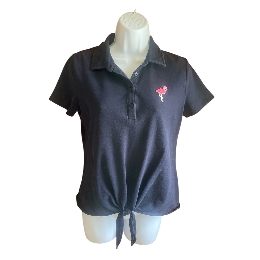 Talbots Tie-Front Polo Shirt Flamingo Embroidered‎ Casual Top Navy Size S